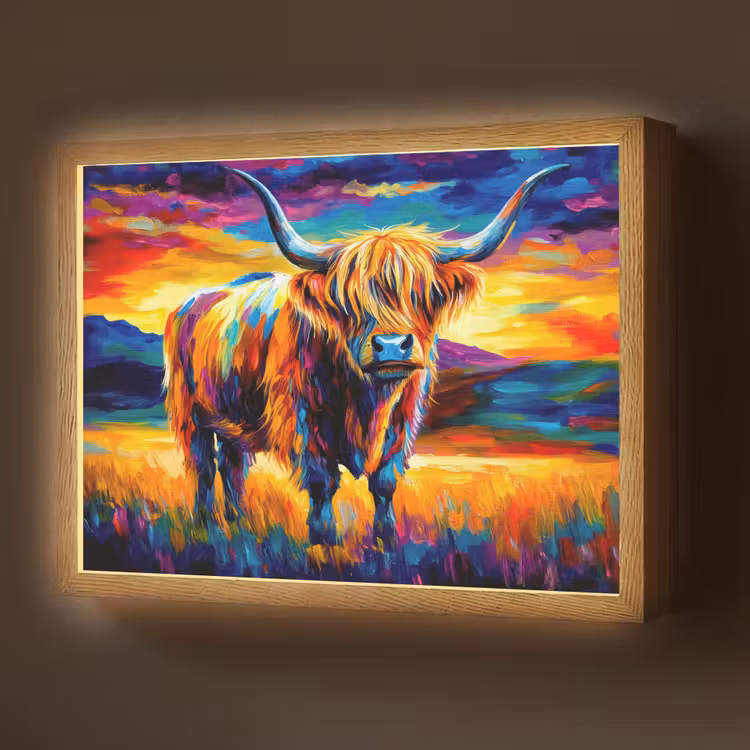 Schotse hooglander - Kunst - Koe - Dieren - Landschap Light Box met batterij (Wandlamp) middel -z3d_website