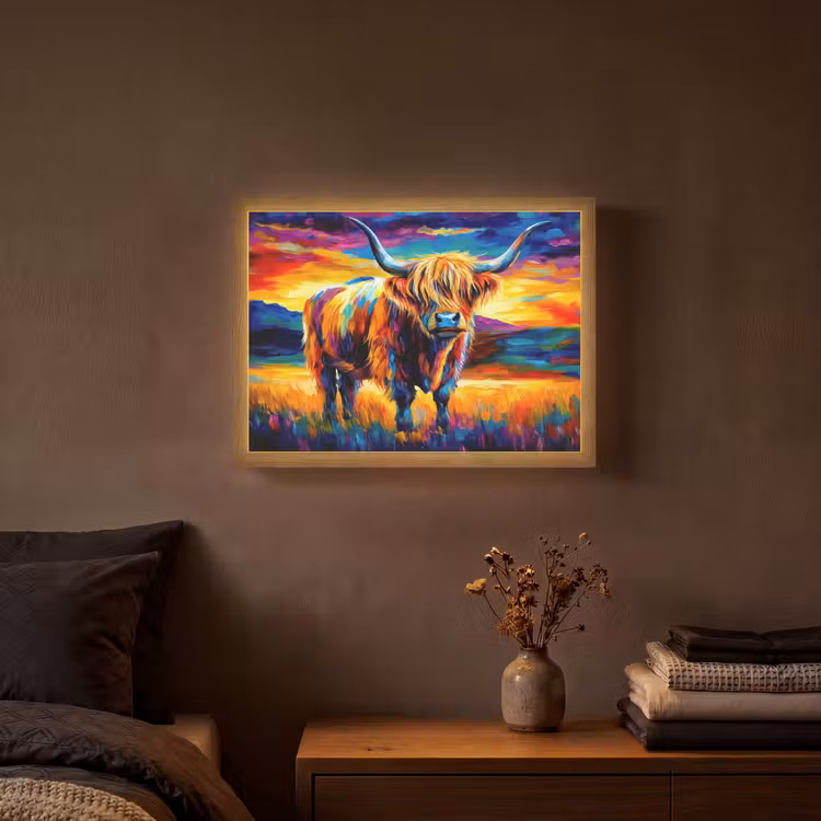 Schotse hooglander - Kunst - Koe - Dieren - Landschap Light Box met batterij (Wandlamp) middel -sfeer4