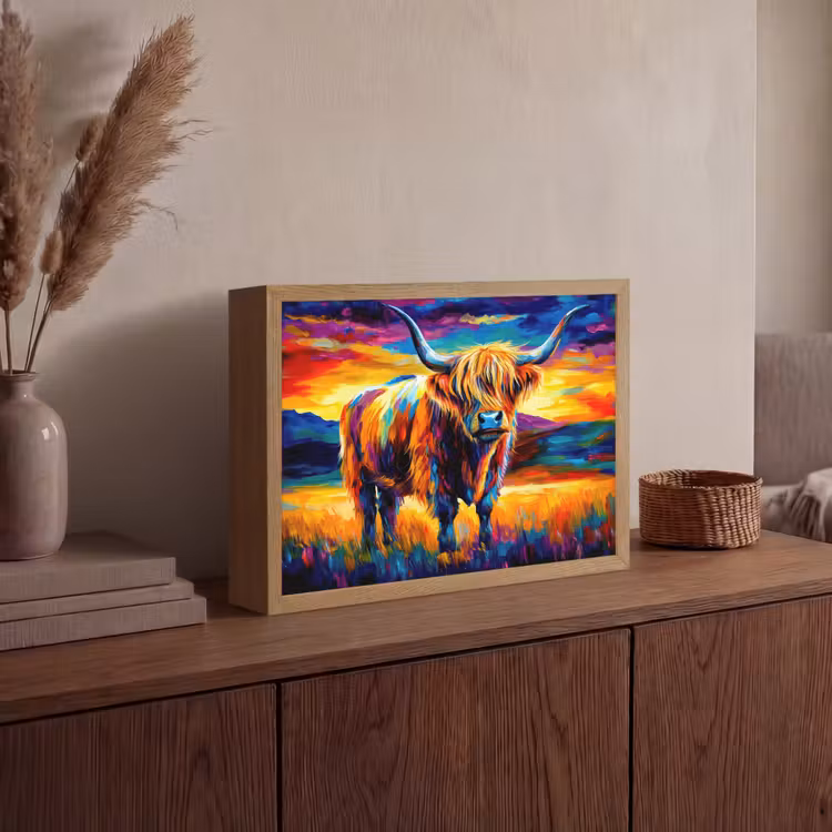 Schotse hooglander - Kunst - Koe - Dieren - Landschap Light Box met batterij (Wandlamp) middel -sfeer2