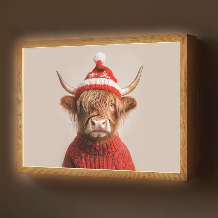 Schotse Hooglander - Kerst - Muts - Trui - Winter Light Box met batterij (Wandlamp) middel -z3d_website