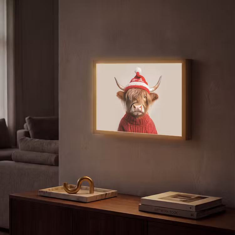 Schotse Hooglander - Kerst - Muts - Trui - Winter Light Box met batterij (Wandlamp) middel -sfeer1