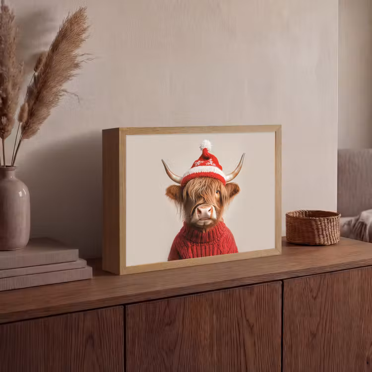 Schotse Hooglander - Kerst - Muts - Trui - Winter Light Box met batterij (Wandlamp) middel -sfeer2