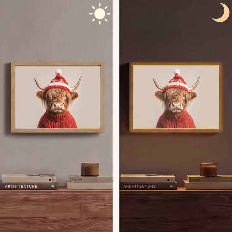 Schotse Hooglander - Kerst - Muts - Trui - Winter Light Box met batterij (Wandlamp) middel -sfeer3