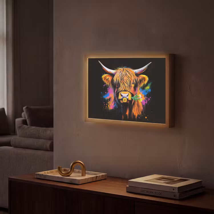 Schotse Hooglander - Graffiti - Kleurrijk - Bloem - Dieren Light Box met batterij (Wandlamp) middel -sfeer1