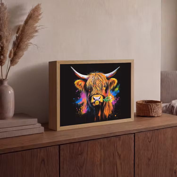 Schotse Hooglander - Graffiti - Kleurrijk - Bloem - Dieren Light Box met batterij (Wandlamp) middel -sfeer2