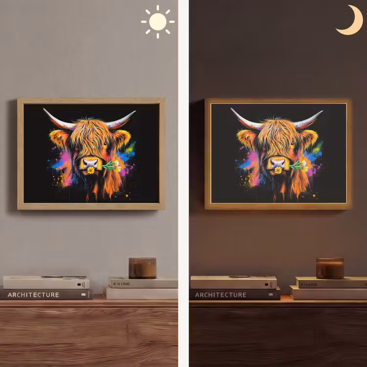 Schotse Hooglander - Graffiti - Kleurrijk - Bloem - Dieren Light Box met batterij (Wandlamp) middel -sfeer3