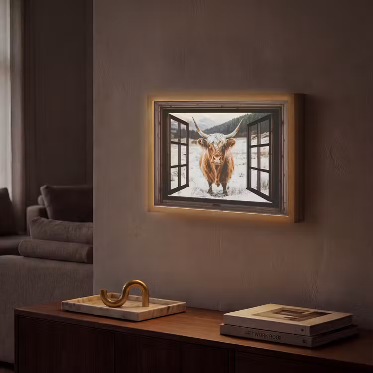 Schotse Hooglander - Landschap - Landelijk - Bergen - Winter - Doorkijk - Donker Light Box met batterij (Wandlamp) middel -sfeer1