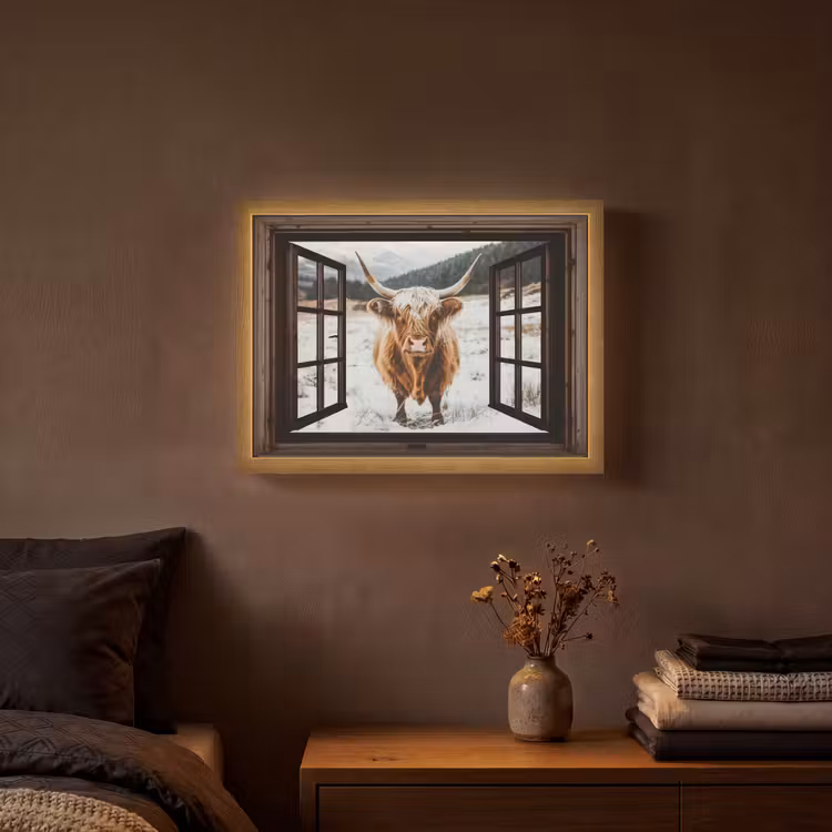 Schotse Hooglander - Landschap - Landelijk - Bergen - Winter - Doorkijk - Donker Light Box met batterij (Wandlamp) middel -sfeer4
