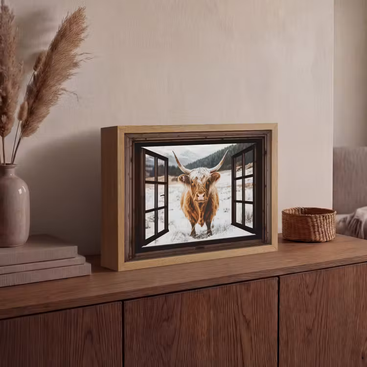 Schotse Hooglander - Landschap - Landelijk - Bergen - Winter - Doorkijk - Donker Light Box met batterij (Wandlamp) middel -sfeer2