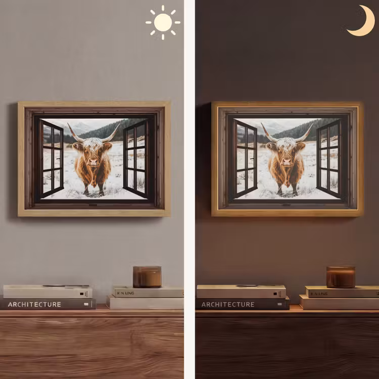 Schotse Hooglander - Landschap - Landelijk - Bergen - Winter - Doorkijk - Donker Light Box met batterij (Wandlamp) middel -sfeer3