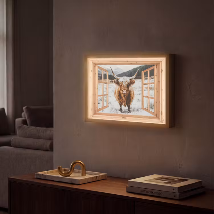 Schotse Hooglander - Landschap - Landelijk - Bergen - Winter - Doorkijk Light Box met batterij (Wandlamp) middel -sfeer1