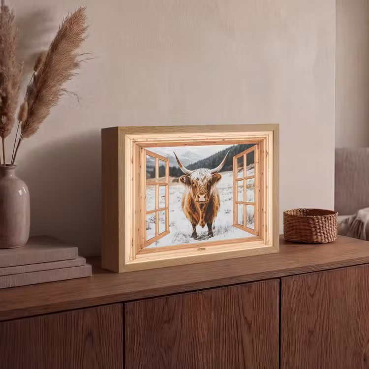 Schotse Hooglander - Landschap - Landelijk - Bergen - Winter - Doorkijk Light Box met batterij (Wandlamp) middel -sfeer2