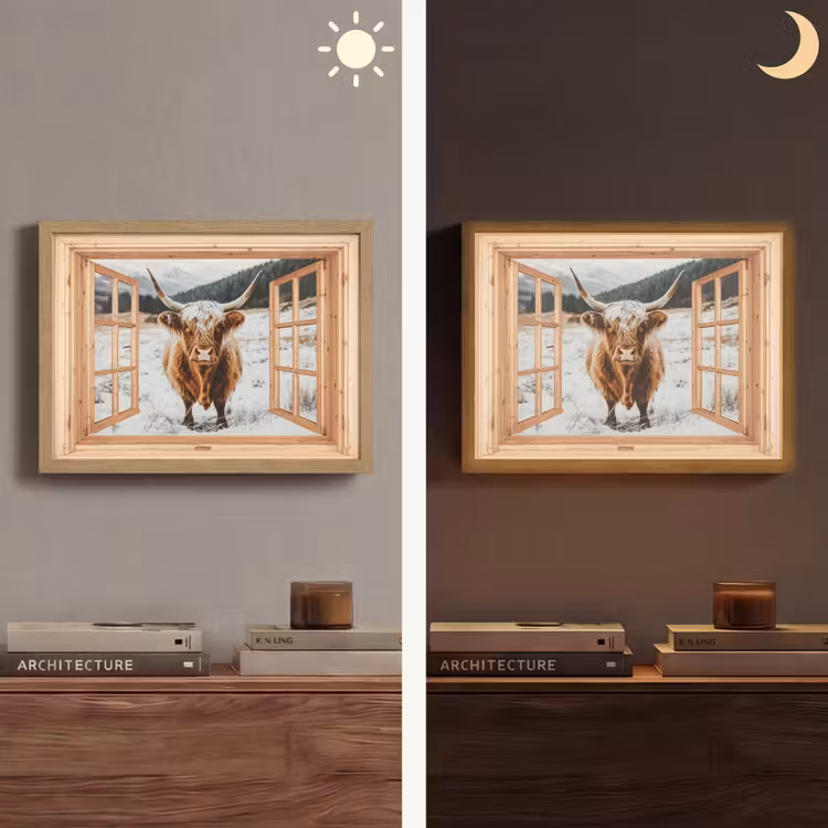 Schotse Hooglander - Landschap - Landelijk - Bergen - Winter - Doorkijk Light Box met batterij (Wandlamp) middel -sfeer3