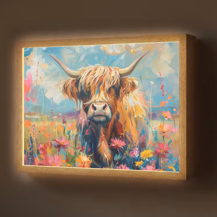 Schotse hooglander - Natuur - Kleurrijk - Bloemen Light Box met batterij (Wandlamp) middel -z3d_website