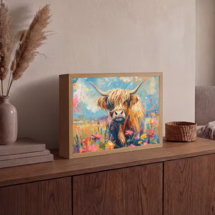 Schotse hooglander - Natuur - Kleurrijk - Bloemen Light Box met batterij (Wandlamp) middel -sfeer2