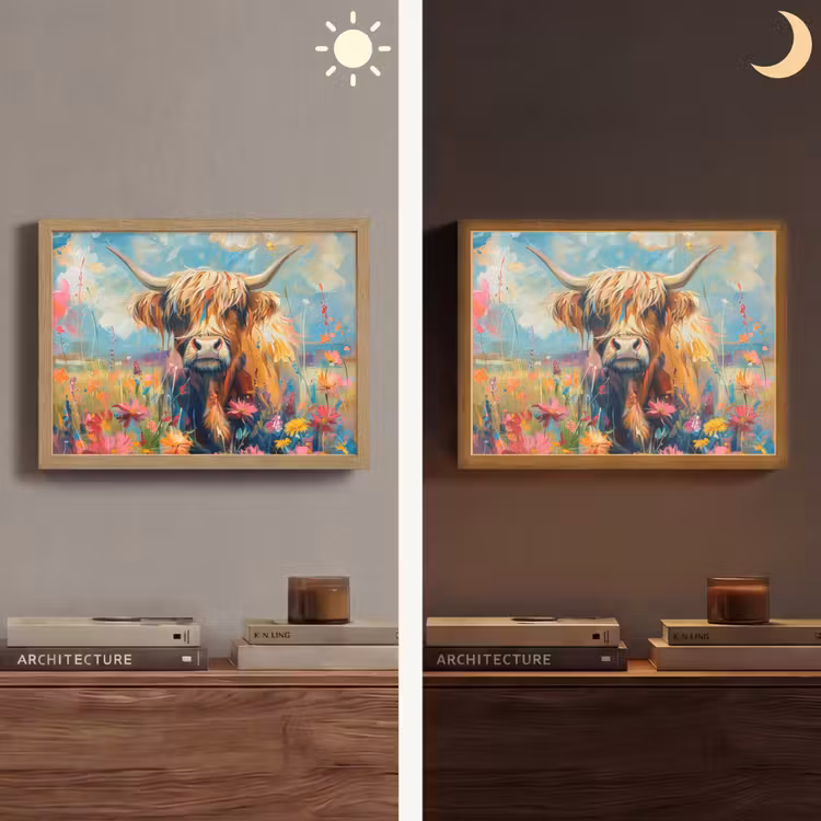 Schotse hooglander - Natuur - Kleurrijk - Bloemen Light Box met batterij (Wandlamp) middel -sfeer3