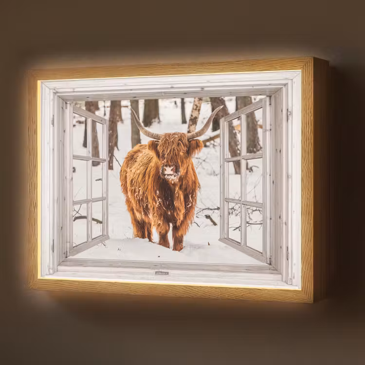 Schotse Hooglander - Sneeuw - Winter - Natuur - Dier - Doorkijk - Landelijk Light Box met batterij (Wandlamp) middel -z3d_website