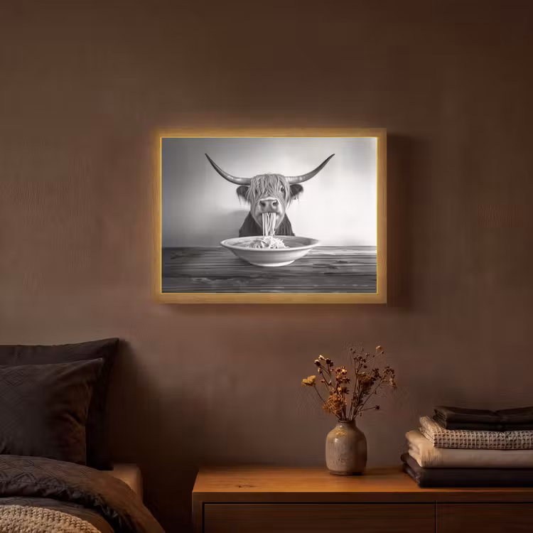 Schotse Hooglander - Spaghetti - Dieren - Zwart wit Light Box met batterij (Wandlamp) middel -sfeer4