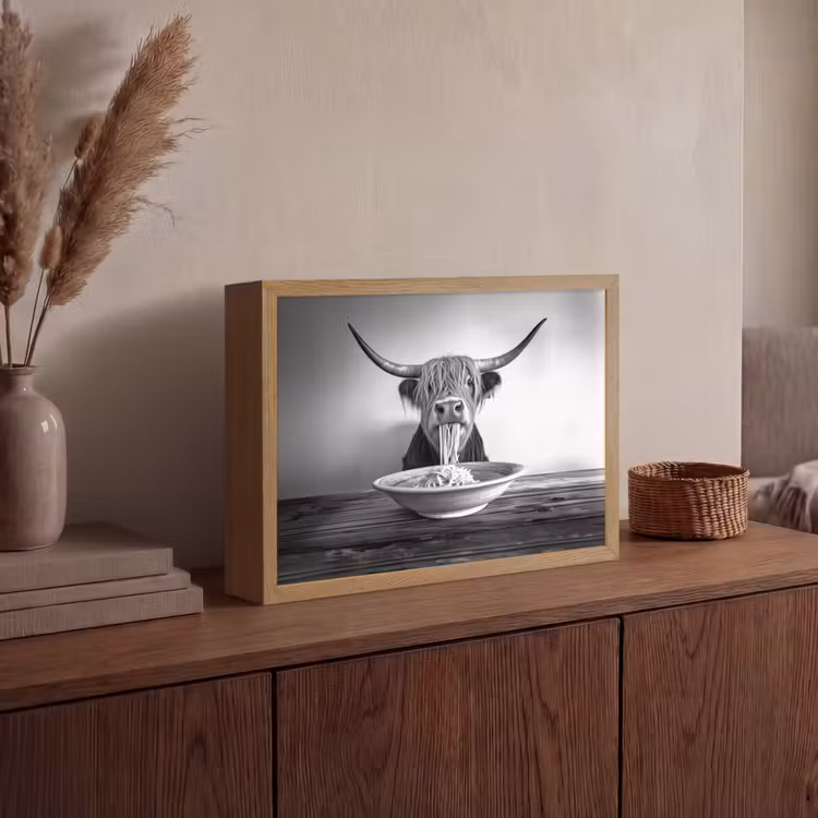 Schotse Hooglander - Spaghetti - Dieren - Zwart wit Light Box met batterij (Wandlamp) middel -sfeer2