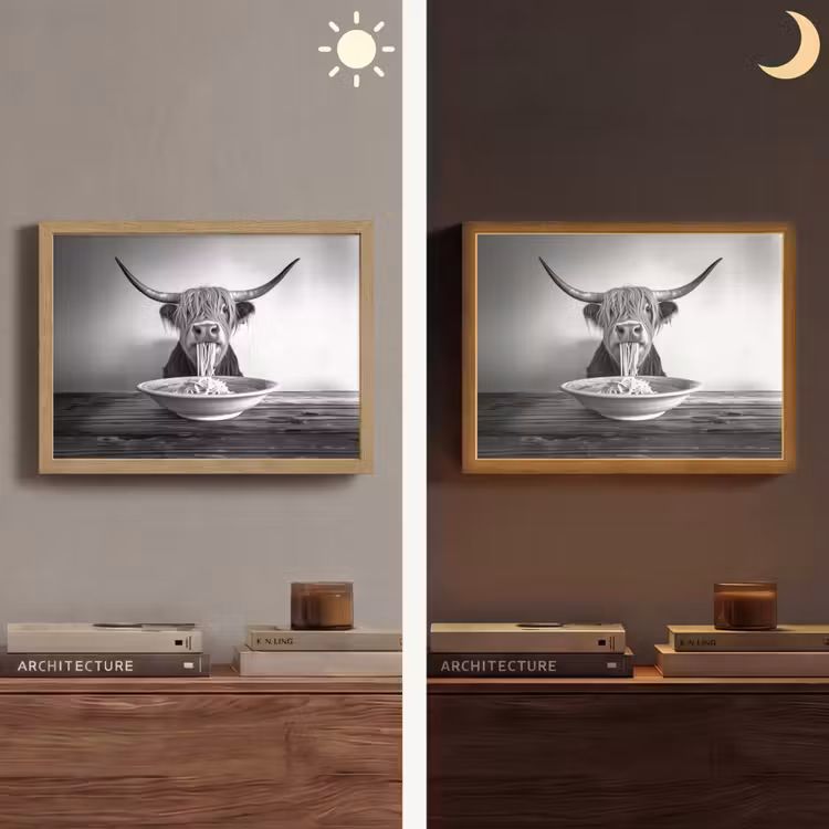 Schotse Hooglander - Spaghetti - Dieren - Zwart wit Light Box met batterij (Wandlamp) middel -sfeer3