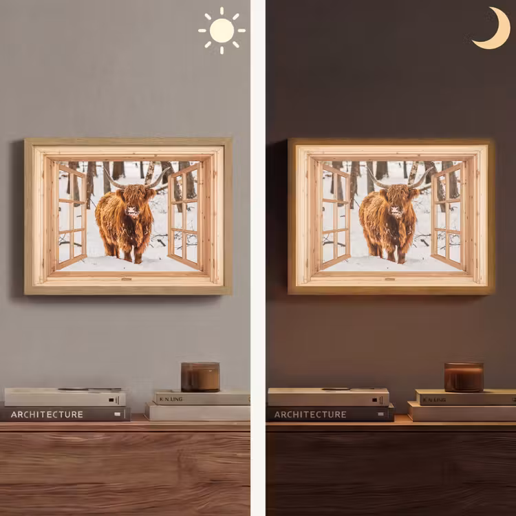Schotse Hooglander - Winter - Landschap - Natuur - Dieren - Doorkijk Light Box met batterij (Wandlamp) middel -sfeer3