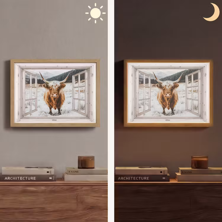Schotse Hooglander - Winterlandschap - Landelijk - Bergen - Doorkijk Light Box met batterij (Wandlamp) middel -sfeer3