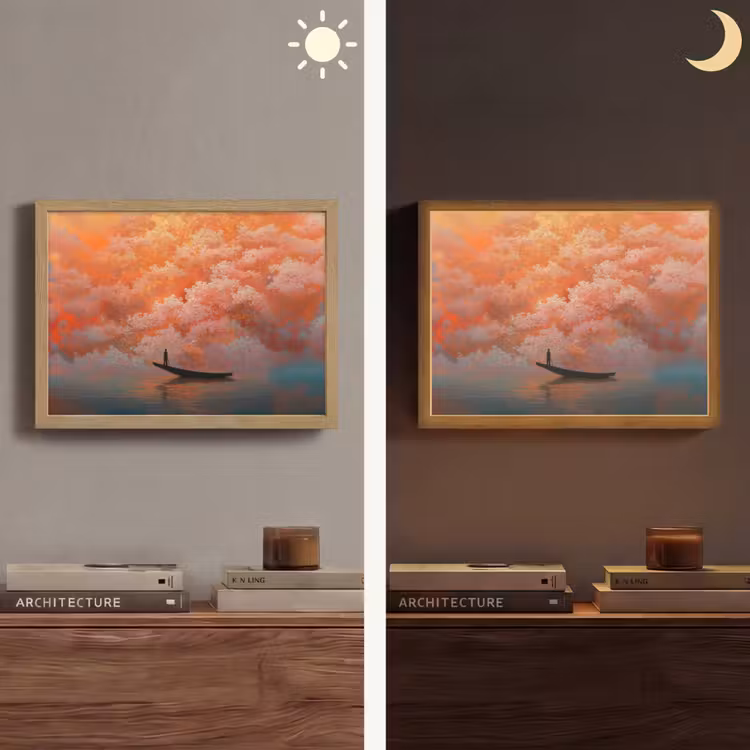 Zee - Boot - Wolken - Oranje Light Box met batterij (Wandlamp) middel -sfeer3