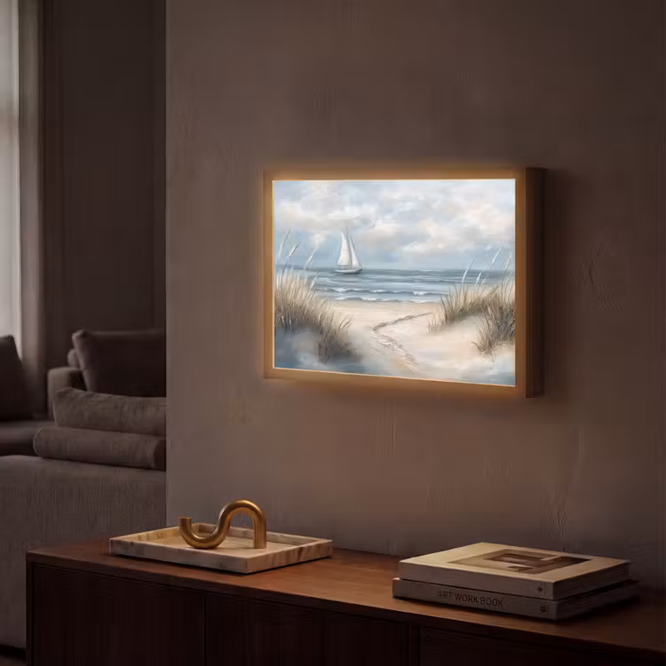 Zee - Zeilboot - Strand - Duinen - Vintage Light Box met batterij (Wandlamp) middel -sfeer1