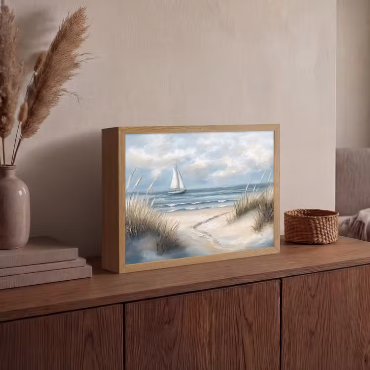 Zee - Zeilboot - Strand - Duinen - Vintage Light Box met batterij (Wandlamp) middel -sfeer2