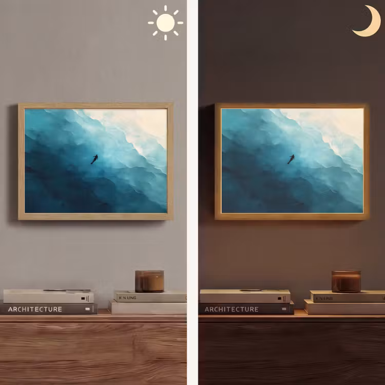 Zee - Silhouet - Abstract - Blauw Light Box met batterij (Wandlamp) middel -sfeer3