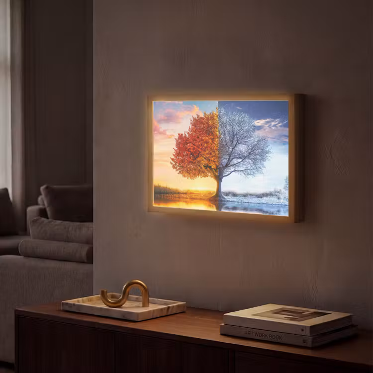 Seizoenen - Kunst - Boom - Herfst - Winter Light Box met batterij (Wandlamp) middel -sfeer1