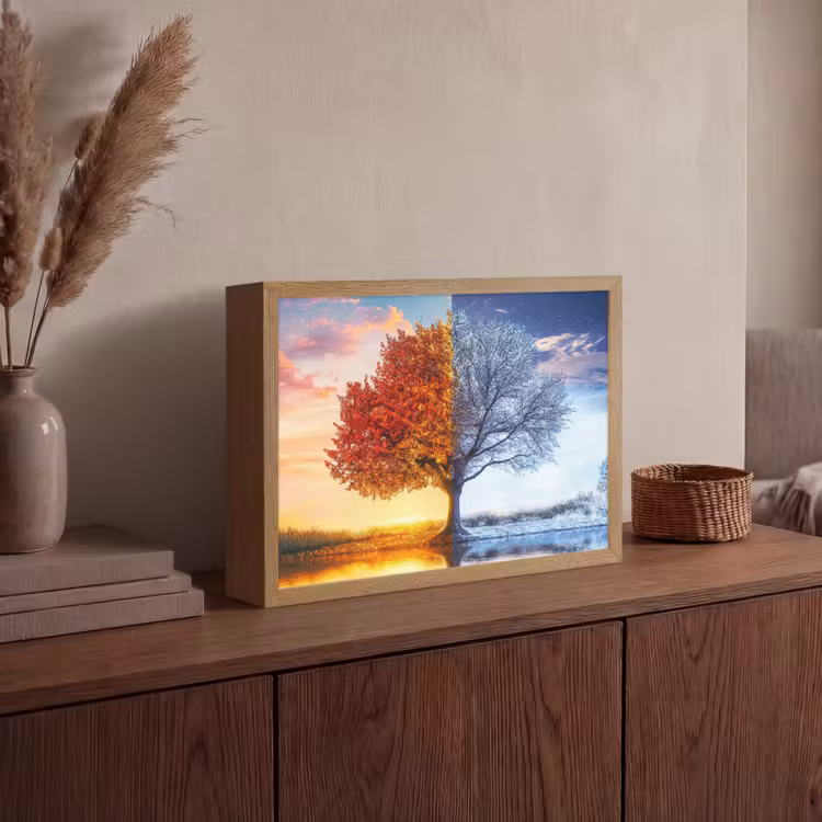Seizoenen - Kunst - Boom - Herfst - Winter Light Box met batterij (Wandlamp) middel -sfeer2