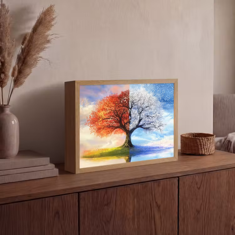 Seizoenen - Kunst - Boom - Winter - Herfst Light Box met batterij (Wandlamp) middel -sfeer2