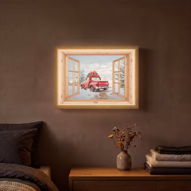 Doorkijk - Auto - Kerst - Cadeaus - Winter - Landschap Light Box met batterij (Wandlamp) middel -sfeer4
