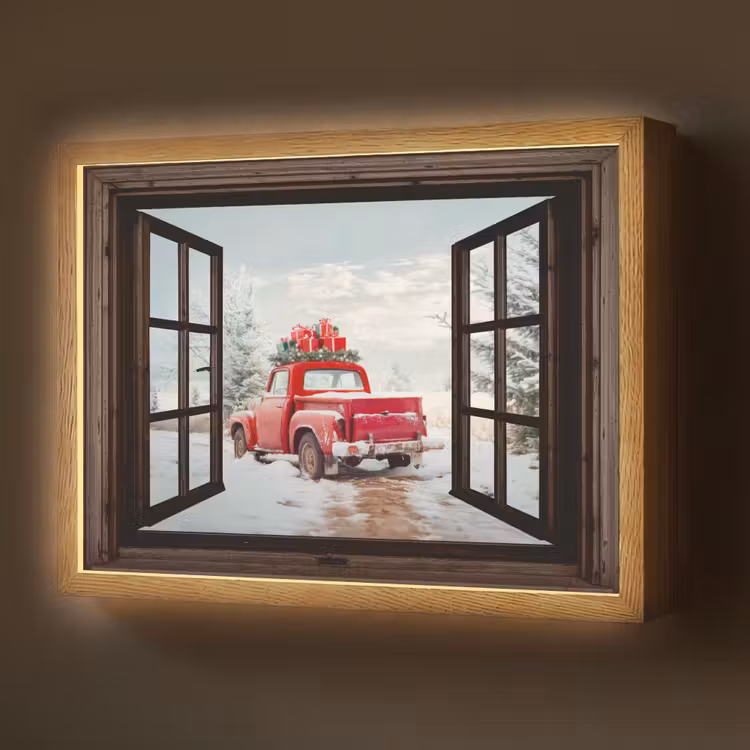 Doorkijk - Auto - Rood - Cadeaus - Winterlandschap - Kerst Light Box met batterij (Wandlamp) middel -z3d_website