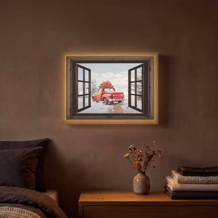 Doorkijk - Auto - Rood - Cadeaus - Winterlandschap - Kerst Light Box met batterij (Wandlamp) middel -sfeer4