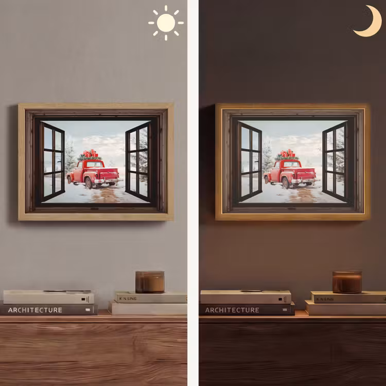 Doorkijk - Auto - Rood - Cadeaus - Winterlandschap - Kerst Light Box met batterij (Wandlamp) middel -sfeer3