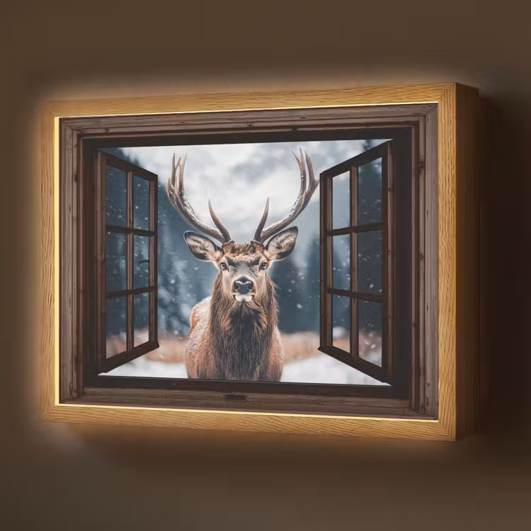 Doorkijk - Hert - Dieren - Landschap - Winter - Sneeuw - Landelijk Light Box met batterij (Wandlamp) middel -z3d_website