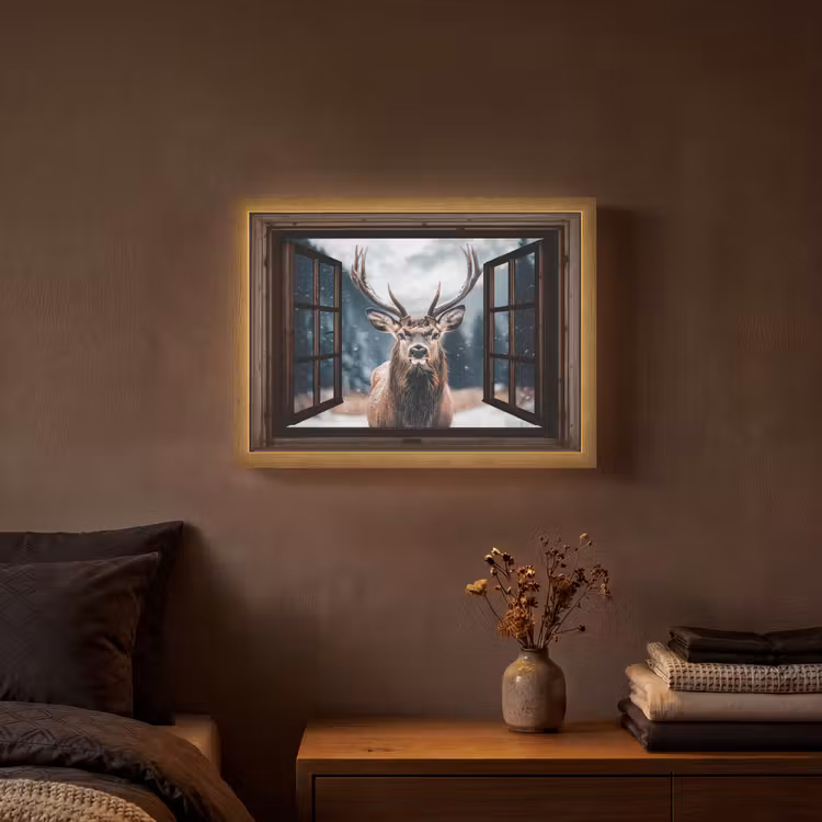 Doorkijk - Hert - Dieren - Landschap - Winter - Sneeuw - Landelijk Light Box met batterij (Wandlamp) middel -sfeer4