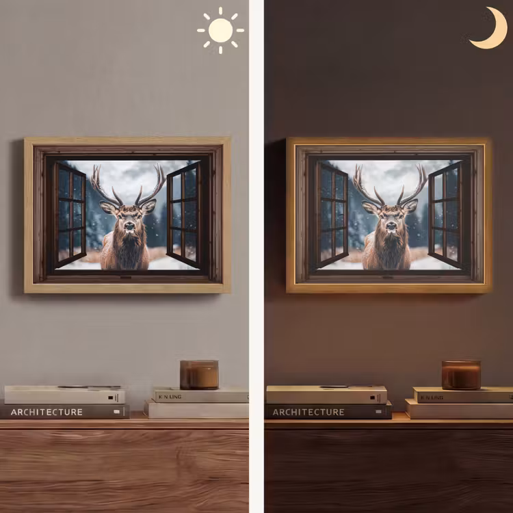 Doorkijk - Hert - Dieren - Landschap - Winter - Sneeuw - Landelijk Light Box met batterij (Wandlamp) middel -sfeer3