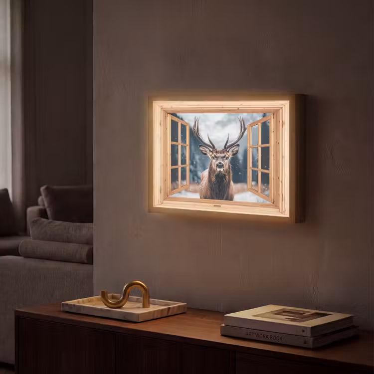 Doorkijk - Hert - Dieren - Winterlandschap - Sneeuw Light Box met batterij (Wandlamp) middel -sfeer1
