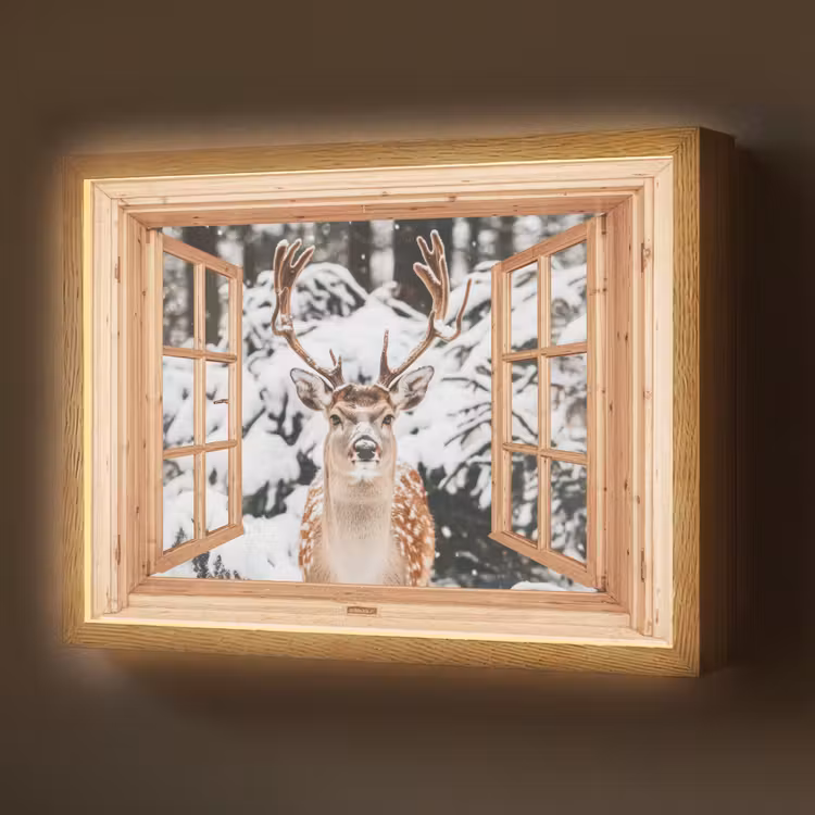 Doorkijk - Hert - Sneeuw - Winter - Bos - Dieren Light Box met batterij (Wandlamp) middel -z3d_website