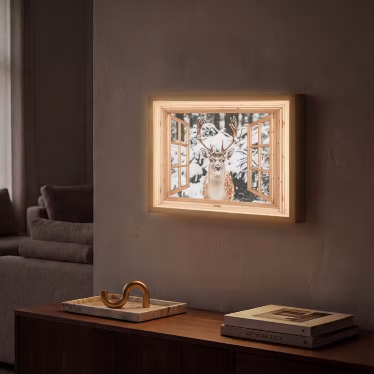 Doorkijk - Hert - Sneeuw - Winter - Bos - Dieren Light Box met batterij (Wandlamp) middel -sfeer1