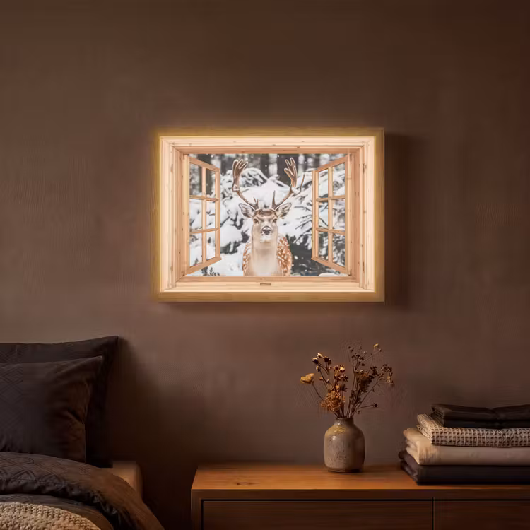 Doorkijk - Hert - Sneeuw - Winter - Bos - Dieren Light Box met batterij (Wandlamp) middel -sfeer4