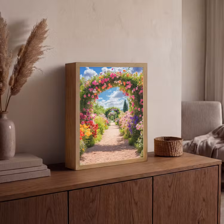 Doorkijk - Bloemen - Kleurrijk - Natuur Light Box met batterij (Wandlamp) middel -sfeer2