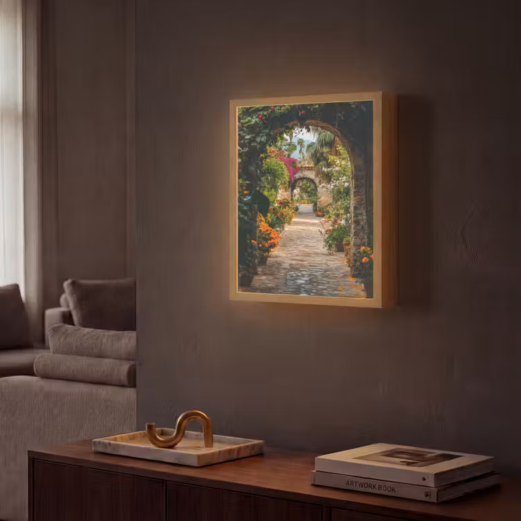 Doorkijk - Bloemen - Poort - Stenen Light Box met batterij (Wandlamp) middel -sfeer1
