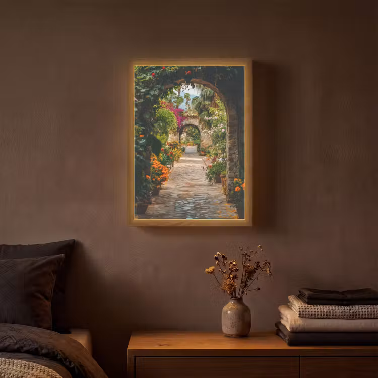 Doorkijk - Bloemen - Poort - Stenen Light Box met batterij (Wandlamp) middel -sfeer4