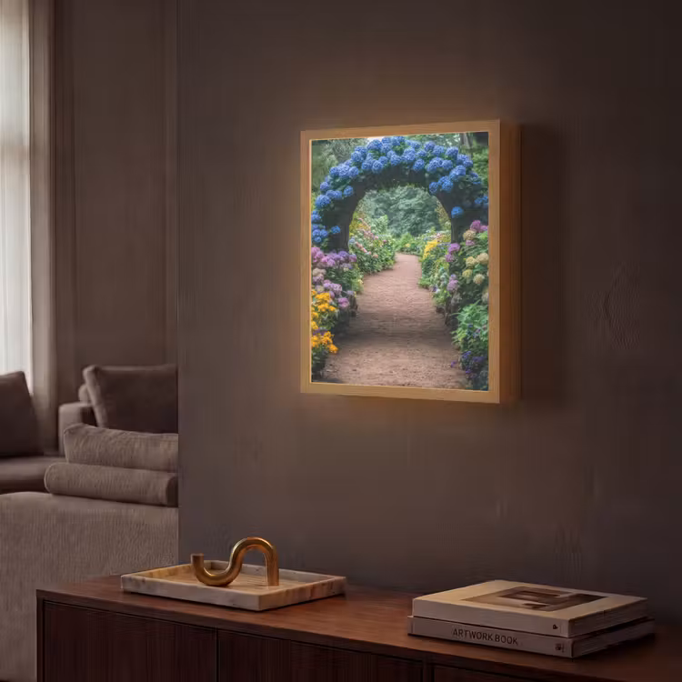 Doorkijk - Bloemen - Hortensia - Pad Light Box met batterij (Wandlamp) middel -sfeer1