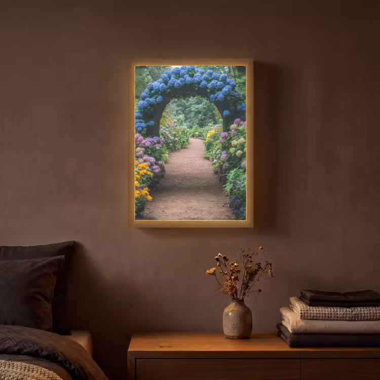 Doorkijk - Bloemen - Hortensia - Pad Light Box met batterij (Wandlamp) middel -sfeer4