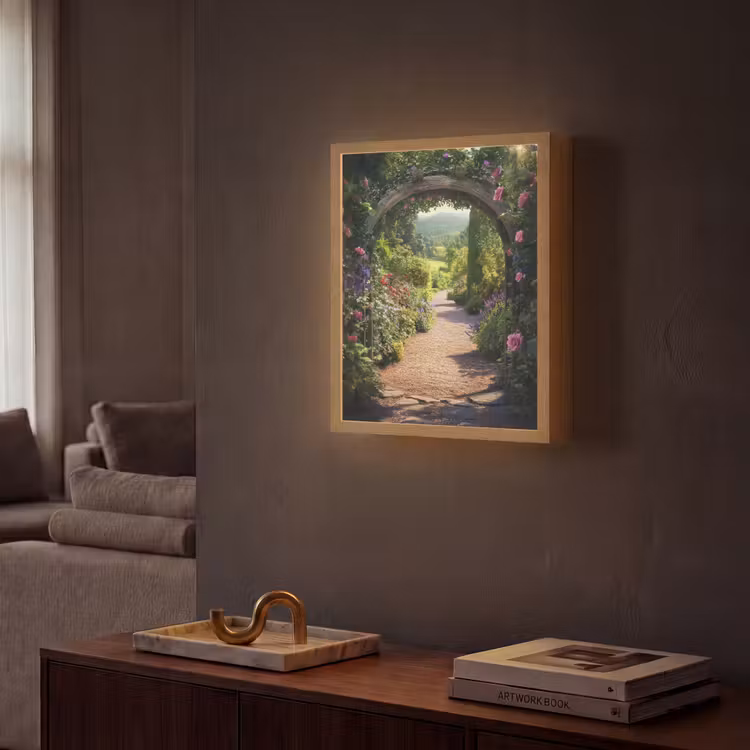 Doorkijk - Bloemen - Natuur - Rozenboog Light Box met batterij (Wandlamp) middel -sfeer1